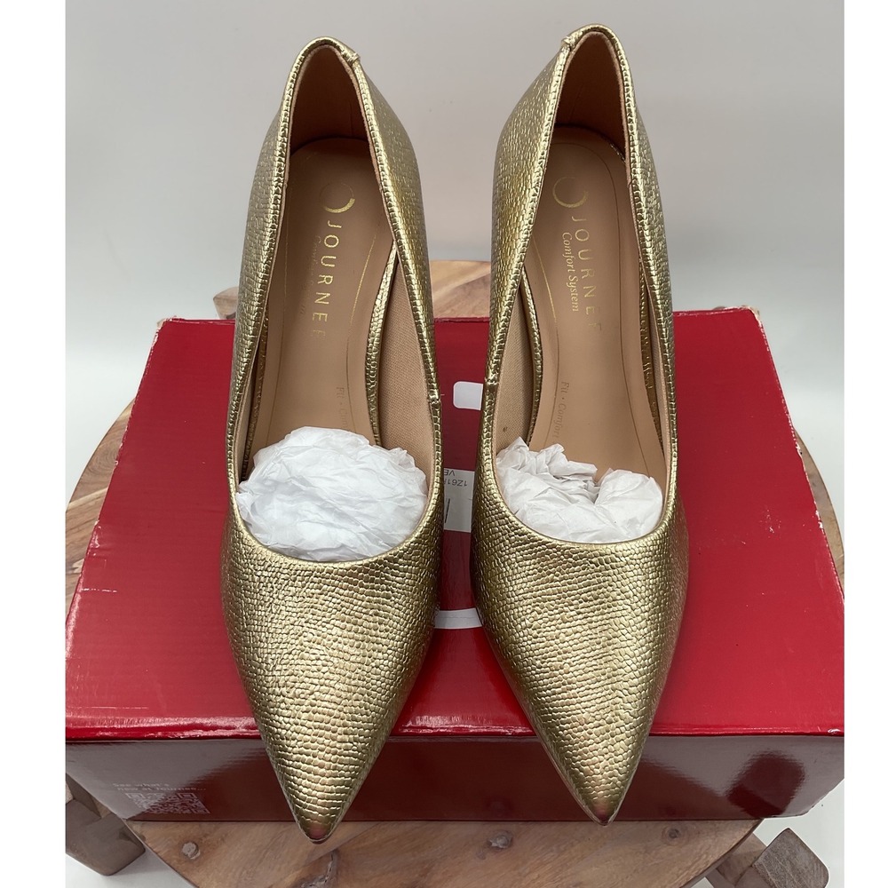 Journee Collection Venus Gold Snake Embossed Pointed Toe Stiletto Pumps Heels